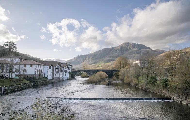 Vistas de Sumbilla desde el río mostrando casas blancas de arquitectura vasca, puente medieval y vegetación otoñal 
