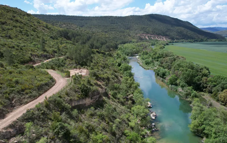Rio con agua turquesa rodeado de bosques y prados verdes, con merenderos de madera a un lado.