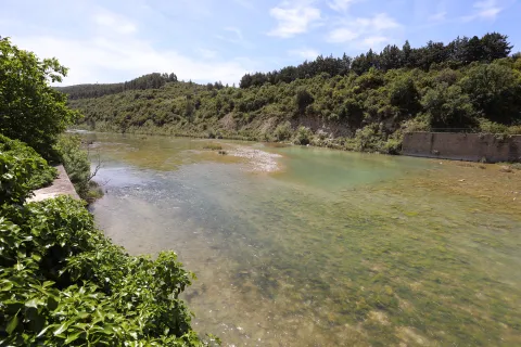 Río Aragón con aguas claras en Coto de Pesca con bosque al fondo, sendero Urdina.