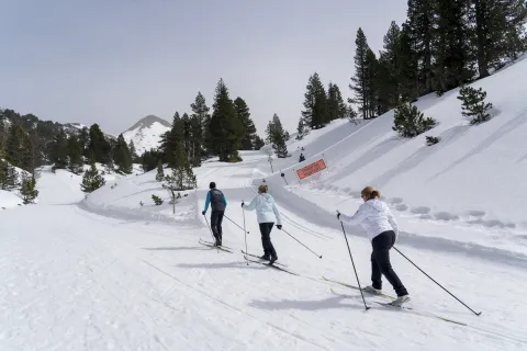 Tres personas subiendo una cuesta de nieve con esquis en la experiencia turistica de Katalingarde.