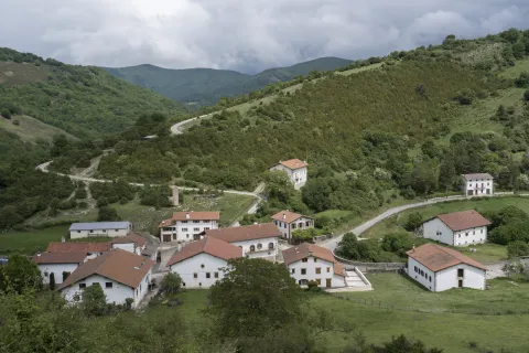 Vista general de Iragi, Pirineo de Navarra, rodeado de bosque y prados.