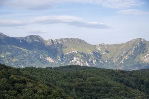 Panorámica del valle de Araitz desde el Observatorio del Cable de las Malloas con bosque de roble en primer plano y cortados calizos al fondo.