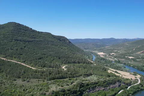 Río Aragón con cortados rocosos y bosque en Reserva Natural de Caparreta, Comarca de Sangüesa.