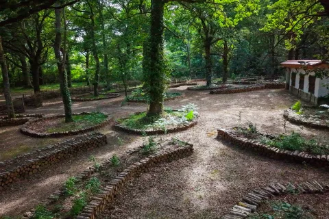 Vista de bosque encantado de Basaburua, con construcciones de troncos, en Plazaola Sakana Ultzamaldea