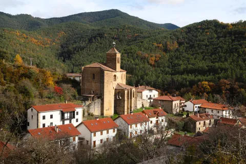 Pueblo de Roncal con iglesia, casas de piedra y tejados rojos rodeadas de bosque pirenaico en otoño.