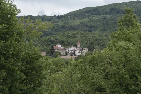 Vista general del pueblo de Villanueva de Arce rodeado de bosque y monte.