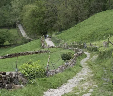 A rural path lined with stone walls, green meadows and woodland at Xorroxin Waterfall, Baztan-Bidasoa.