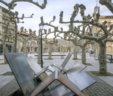 Plaza de Etxarri Aranaz con árboles podados y mobiliario urbano moderno, iglesia al fondo.