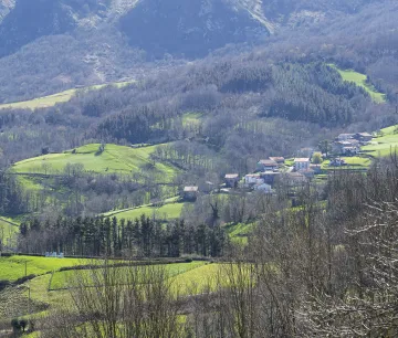 Vista panorámica del Valle de Araitz con casas dispersas entre prados verdes, bosques y montañas al fondo.