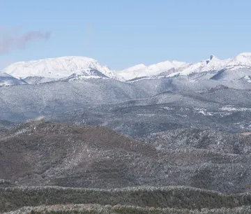 A winter panorama of the Roncal Valley, with snow-covered woodland and the peaks of the Pyrenees in the background.