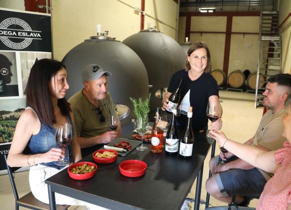 Cata de vinos en bodega Eslava con visitas degustando vinos locales y productos gourmet junto a depósitos de fermentación.