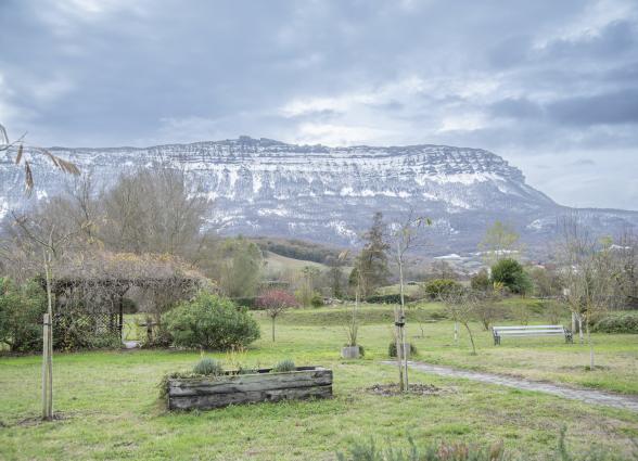 Jardin botanico del Monasterio de Zamartze con sierra calcarea nevada al fondo, prado verde y arboles frutales en primavera.
