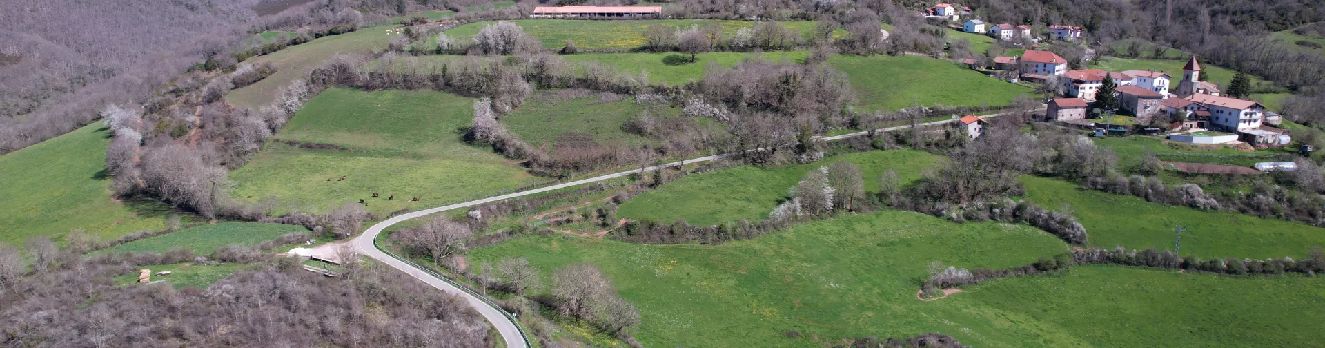 Valle pirenaico de Arce con casas entre bosques de hayas en primavera temprana.