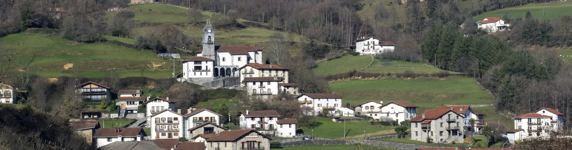 Pueblo de Areso con iglesia de campanario blanco rodeado de casas dispersas entre prados y bosques.