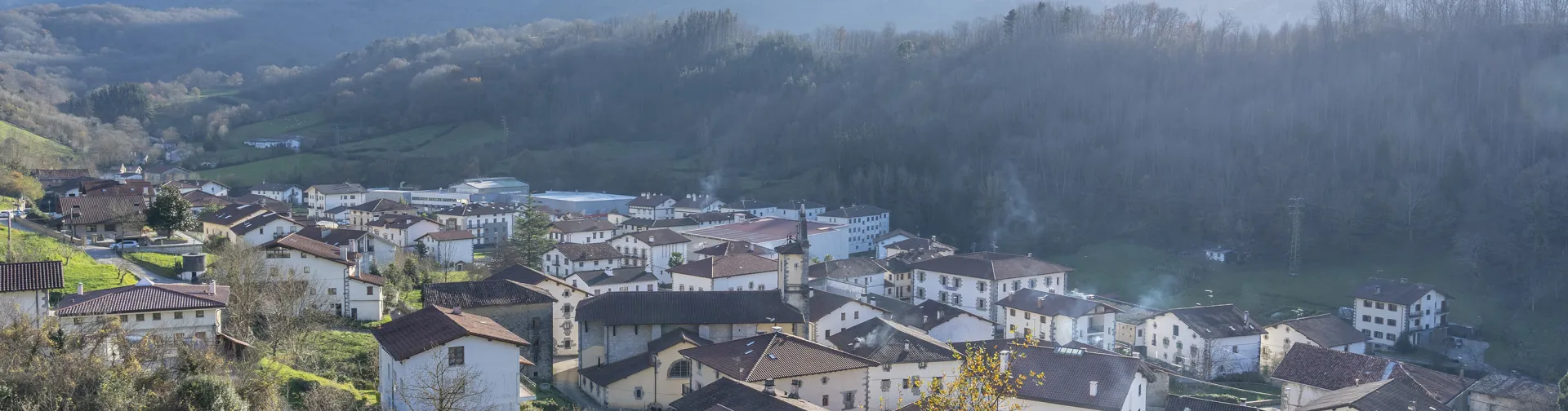Vista panorámica del pueblo de Betelu con casas tradicionales, montañas boscosas al fondo y prados verdes en el valle.