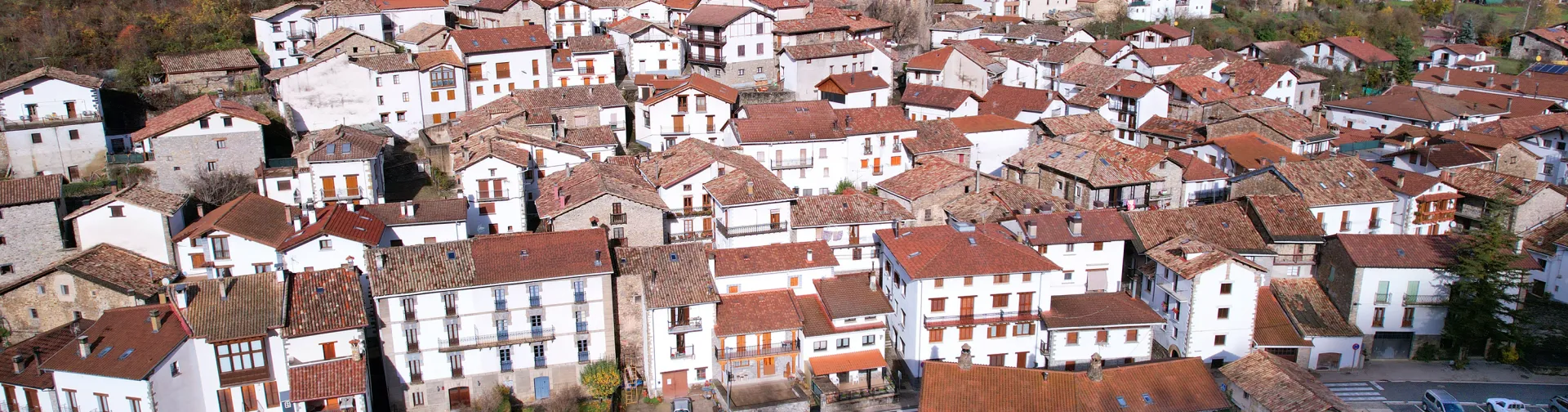 Arkitektura tradizionaleko etxeak, eliza eta ibaia dituen Burgiko aerea bista, herria baso mendien artean zeharkatzen.