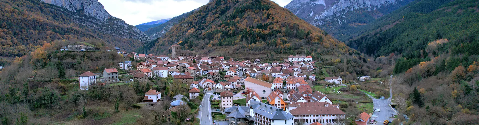Vista aérea de Isaba rodeada de montes boscosos y cimas rocosas, pueblo pirenaico en valle con arquitectura tradicional.