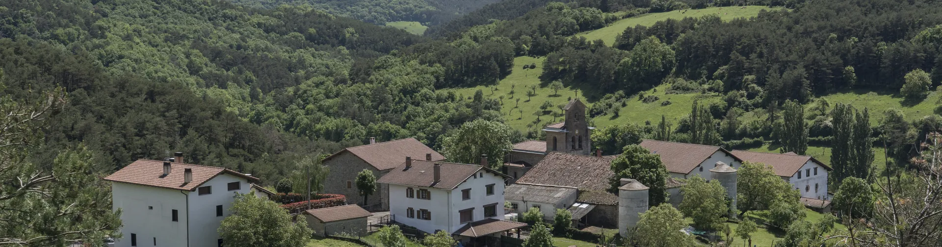 Vista de Lenaroz en valle pirenaico, rodeado de bosque y prados verdes.