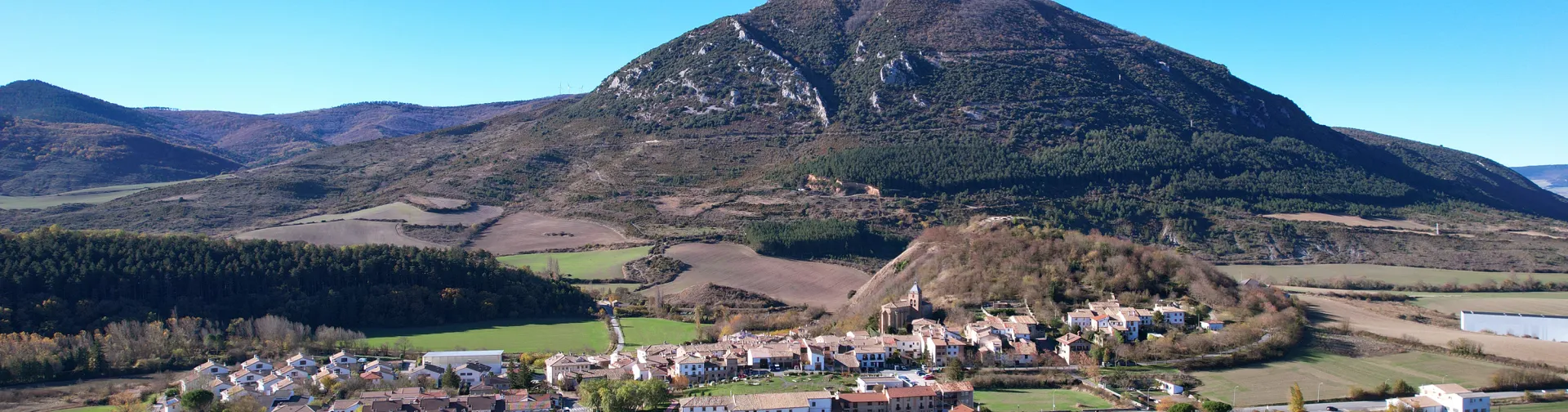 Vista aérea de Monreal con monte que destaca al fondo, prados verdes.