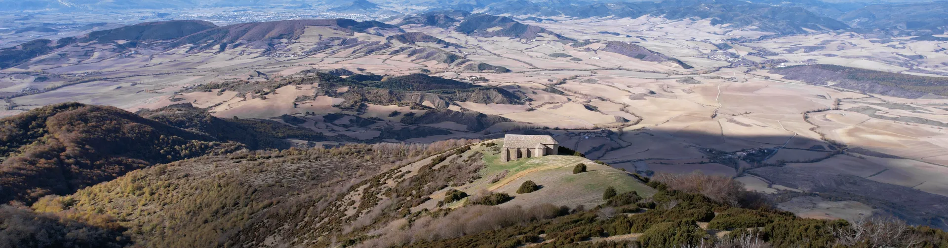 Puente de piedra de dos arcos sobre río en Aoiz, rodeado de vegetación y bosque.