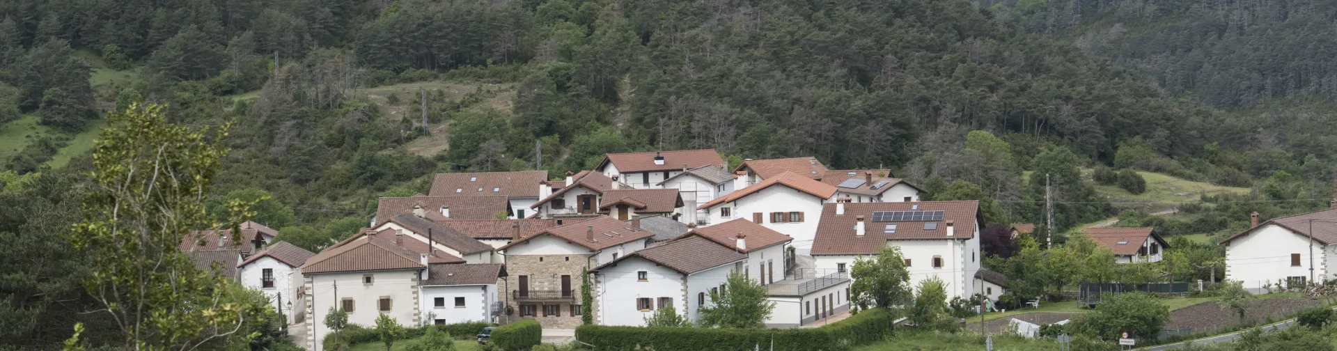 Vsta general del pueblo de Orondritz rodeado de montes boscosos y prados verdes.