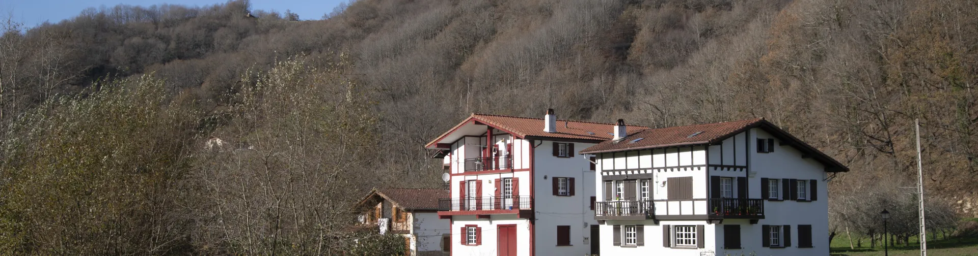 Tres casas tradicionales de Etxalar rodeadas de prados verdes y montes.