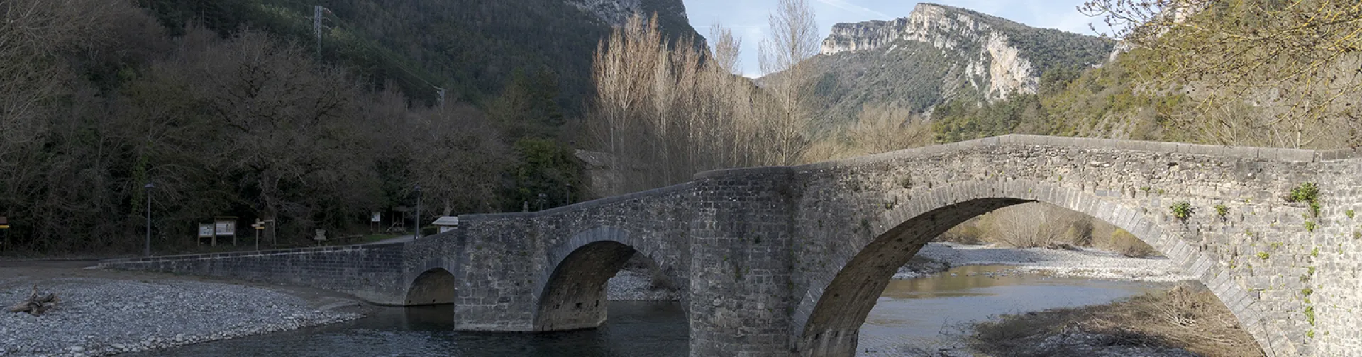 Puente de piedra medieval sobre el río Esca en Burgui, Valle de Roncal, Pirineo de Navarra.