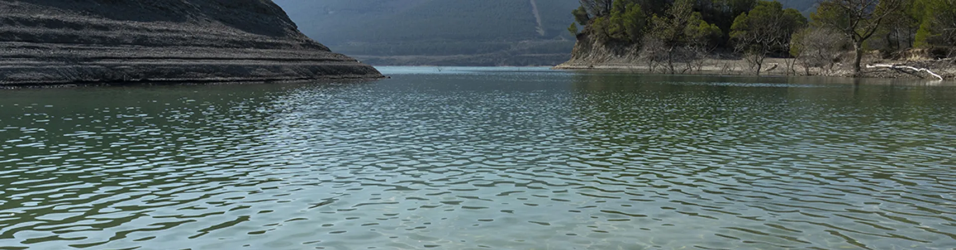 Embalse de Yesa con aguas cristalinas y montañas boscosas.