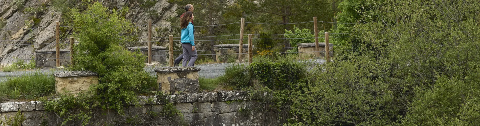 uente de piedra medieval en los alrededores de la foz de Arbayun con río, vegetación y cortado calizo detras.