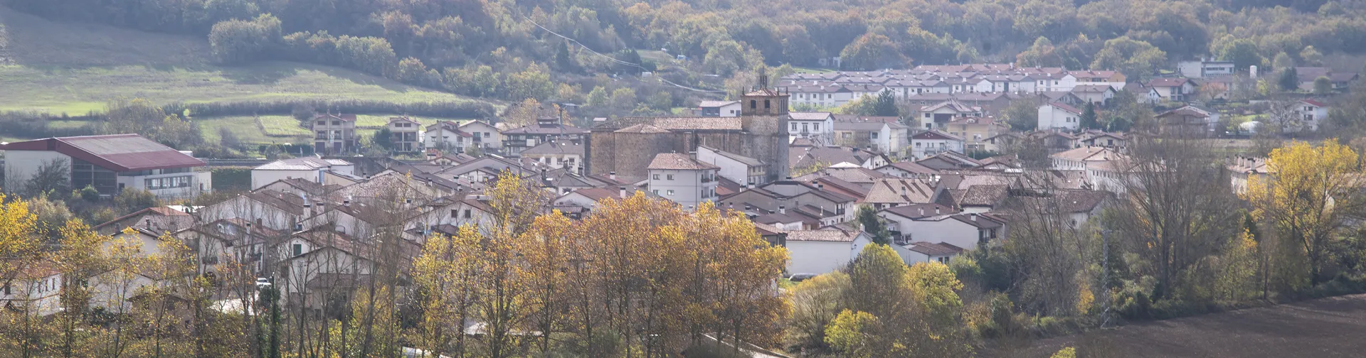 Uharte Arakil rodeado de bosques otoñales y prados verdes, con montañas al fondo.