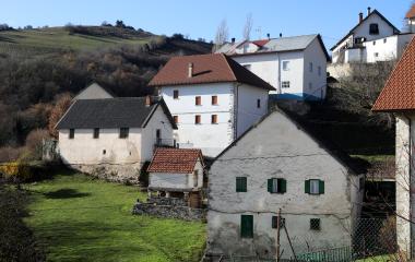 Conjunto de casas en el pueblo de Aria, en paisaje pirenaico de monte verde y bosque.