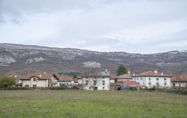 Vista general del pueblo de Arakil rodeado de prados verdes y monte.