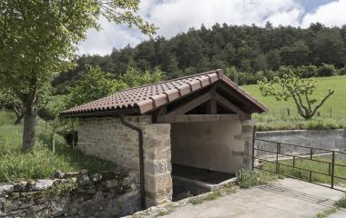 Lavadero de piedra de Errea, rodeada de prados y bosque.