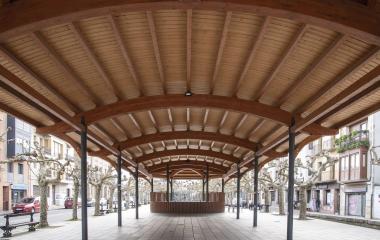 Estructura de madera y acero con cubierta curva en plaza de Etxarri Aranaz, con árboles y edificios alrededor.