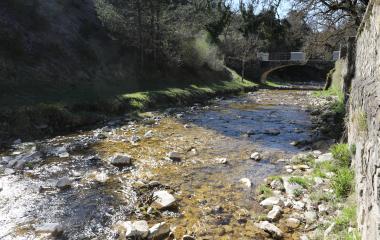Río con lecho de piedras y puente de piedra en Garde, rodeado de bosque y paredes de piedra en el valle pirenaico.