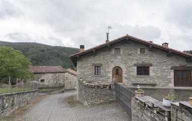 Conjunto de casas de piedra  en Inbuluzketa, Pirineo Navarro, en calle  empedrada y árbol  cubierto de musgo.