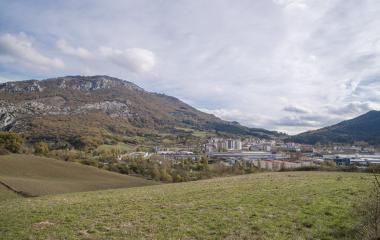 Vista aérea de Irurtzun con montañas al fondo, pueblo rodeado de bosques y prados.