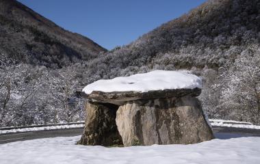 Dolmen cubierto de nieve en valle de Isaba, rodeado de bosque pirenaico nevado.