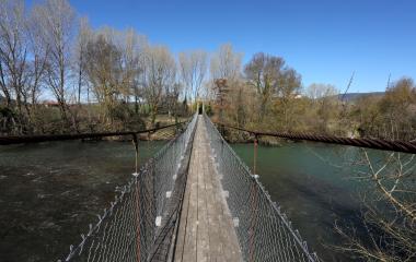Puente colgante sobre río en Longuida con bosque y cielo despejado.