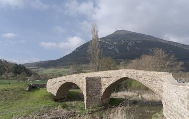 Puente de piedra sobre rio en valle de Higa de Monreal con monte al fondo bajo cielo nublado.