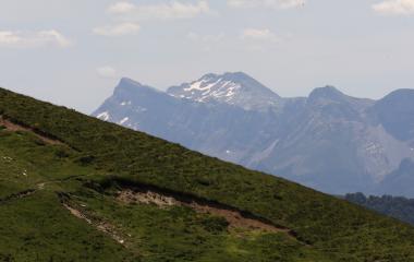 Pico Ori visto desde ladera herbácea de Pirineo Navarro, con nieve en cimas y valle verde en primer plano.