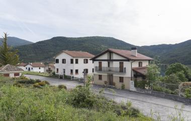 Conjunto de casas en el pueblo de Nagore con vegetacion y montes boscosos alrededor.
