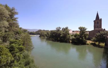 Río Aragón con iglesia de Sangüesa y vegetación ribereña en Paseo Cantolagua.