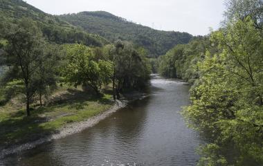Río Bidasoa flanqueado por bosque caducifolio y montañas boscosas en el valle del Baztan-Bidasoa.