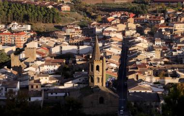 Vista aérea del pueblo de Sangüesa donde destaca la iglesia.