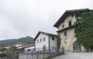 Conjunto de casas tradicionales de piedra en Zuriain, una de ellas cubierta parcialmente de hiedra, un monte al fondo.